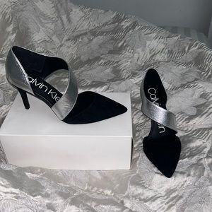 Silver and black womens heels